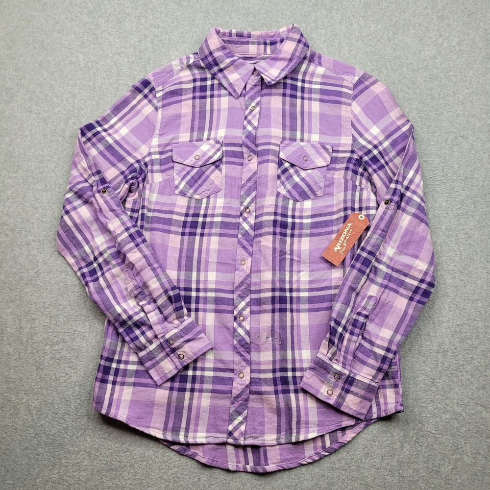 Arizona Jeans Co Plaid Button Down Shirt Womens Small Purple Flannel Long Sleeve